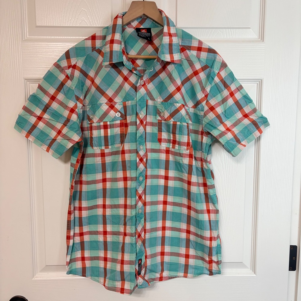 Southpole Mens Large Short Sleeve Plaid Button Down Shirt Teal Orange White L